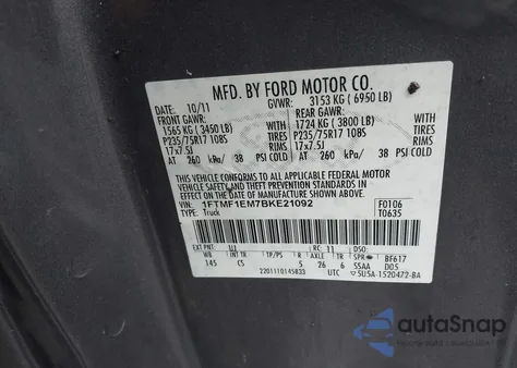 2011 Ford F-150 Xl z USA, uszkodzony, nr VIN 1FTMF1EM7BKE21092